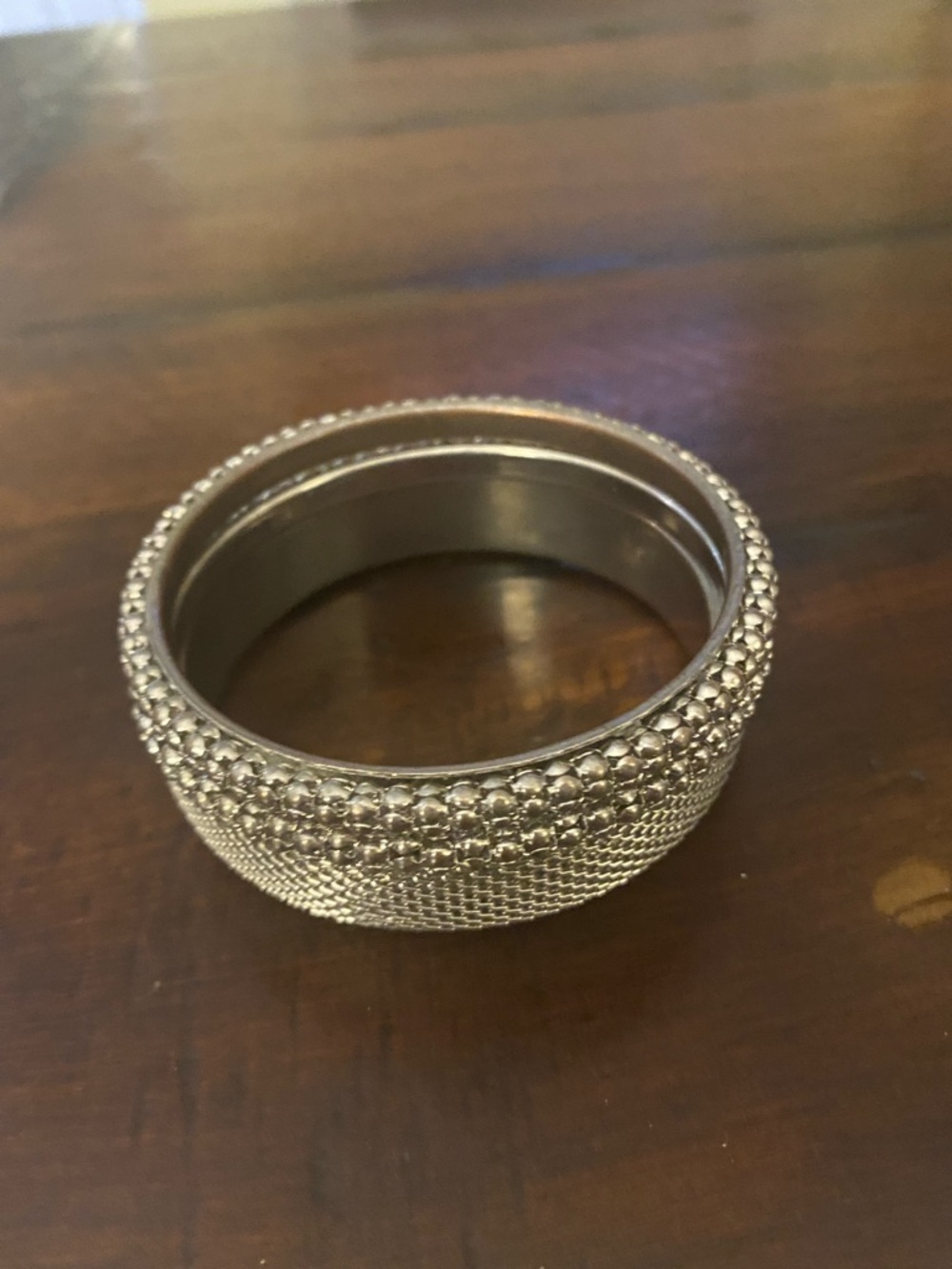 Silver Tone Textured Bead-Detail Bangle Bracelets
